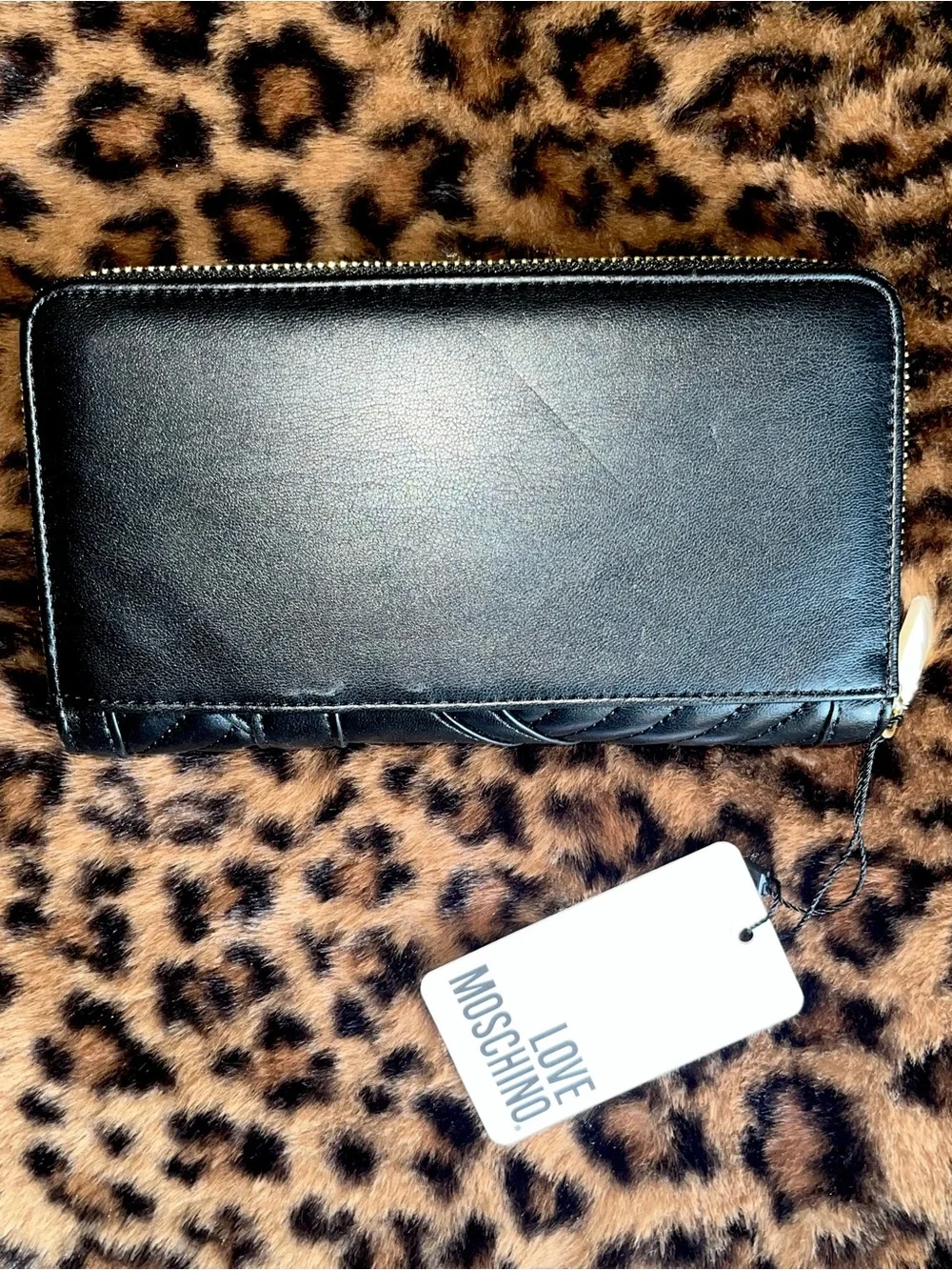 Love Moschino Black Quilted Studded Zip Wallet with Gold Heart Details